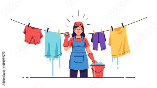 Laundry Day: A determined individual diligently hangs freshly washed clothing on a clothesline, a scene depicting domestic work and routine tasks with a sense of simple living.