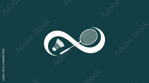 Dynamic badminton symbol with infinity loop, racket, and shuttlecock for sports branding
