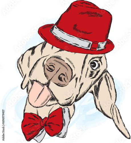 Cute dog in a hat and tie. Vector illustration.