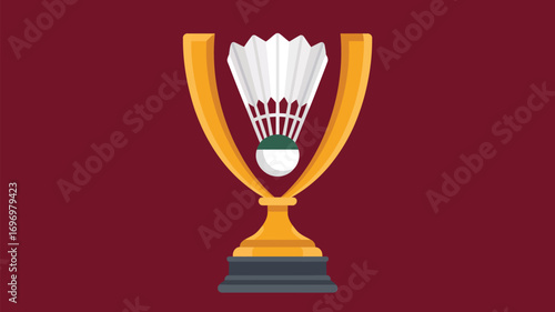 Golden badminton trophy with shuttlecock celebrates athletic achievement and championship victory.