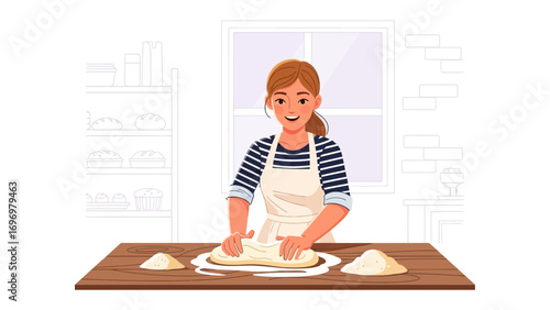 Baking the Bread: A woman is focused on making dough, kneading it on the wooden table, an image that evokes warmth, tradition, and the joy of home-cooked food.