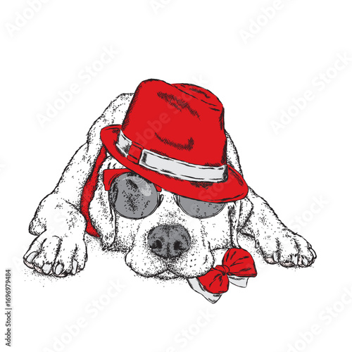 Cute dog in a hat and tie. Vector illustration.