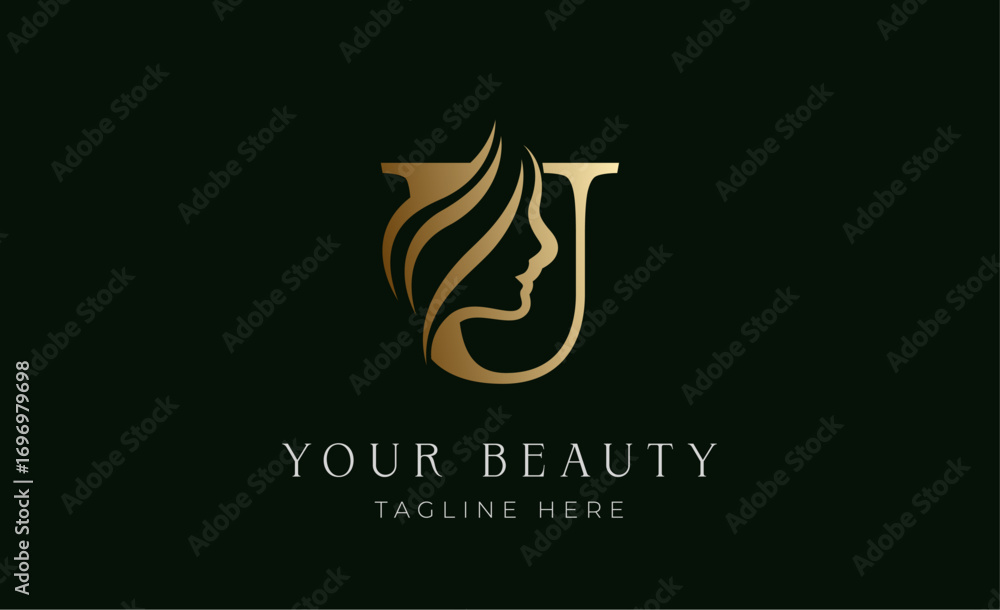 Obraz premium Logo Beauty Letter U and Woman Face. Beauty, Feminine and luxury with Gold Colour. Creative Template Minimalist and Modern Concept.