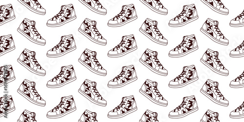 Seamless high top sneaker pattern with hand drawn footwear illustration, perfect for trendy textile prints, wallpaper, wrapping paper, fashion design, and modern backgrounds.