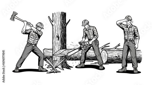 Lumberjack at Work: A lumberjack is skillfully executing various techniques such as using axe and saw to efficiently fell trees.