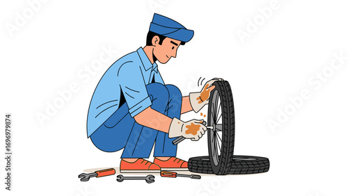 Mechanic Replacing a Tire: A skilled mechanic is depicted in the process of replacing a tire, with his hands actively engaged in the meticulous task.