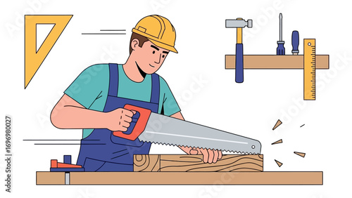 Carpenter's Craft: A skilled carpenter meticulously saws through a piece of wood, showcasing the precision and artistry of carpentry amidst the backdrop of his essential tools.