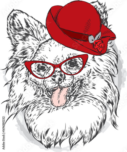 A pedigreed dog in a beach hat. Puppy in summer clothes. Vector illustration.