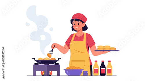 Culinary Craft: A smiling chef expertly prepares a delicious dish, surrounded by the inviting aromas and ingredients in a vibrant, artistic illustration. 