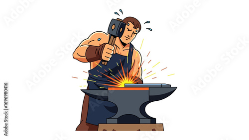 Blacksmith at Work: A strong blacksmith, skillfully forging metal on an anvil, captures the essence of traditional craftsmanship, expertise, and raw power.