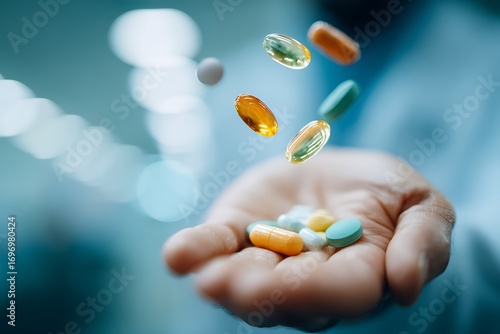A hand holding a variety of colorful pills, symbolizing psychiatric medication, mental health, and the complexity of therapeutic drug treatments.