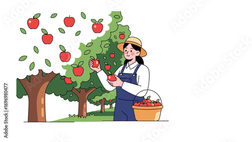  Orchard Harvest: A diligent woman carefully picks ripe, red apples from a flourishing apple tree, embodying the season's bounty and the joy of harvest.