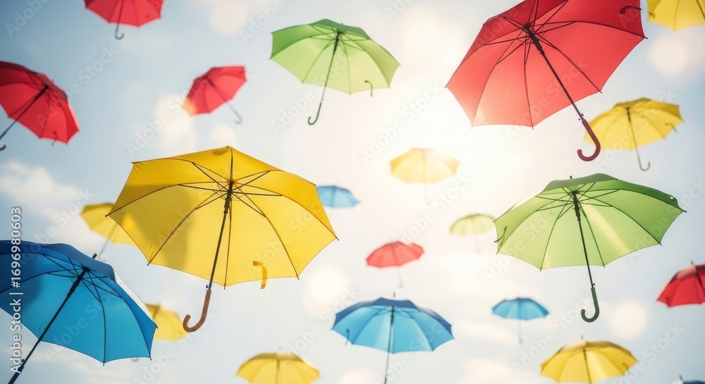 Obraz premium Colorful Umbrellas Falling Over Cityscape