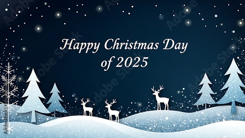 Festive Snowy Christmas 2025 Landscape with Reindeer and Pine Trees