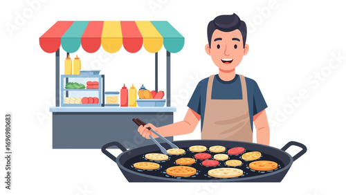 Street Food Vendor's Culinary Art: A cheerful vendor skillfully manages a sizzling griddle, preparing delicious food under a vibrant stall, representing culinary talent.