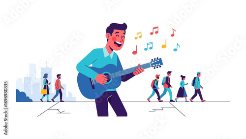 Harmony in the City: A cheerful busker shares a melody, his guitar and song weaving through the bustling urban backdrop, creating a moment of artistic bliss. 
