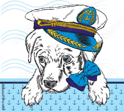 A handsome puppy in a cap, glasses and a tie. A pedigree dog in the captain's costume of a ship. Vector illustration for a postcard or a poster, print for clothes.