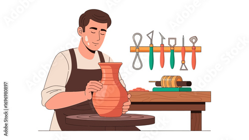 Artisan at Work: A skilled artisan meticulously crafts a clay vessel on a pottery wheel, surrounded by tools. This graphic illustration depicts creativity and skill of art work.