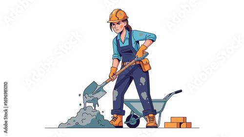 Construction Worker on the Job: This illustration captures a determined woman construction worker focused on her work, perfectly blending skill and strength.