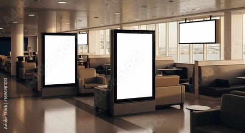Interior shot of an airport lounge with digital advertising displays and seating areas.