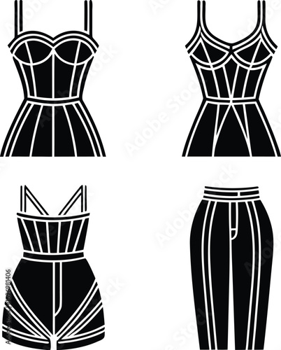 collection, of, modern, women's, fashion, apparel, in, a, bold, glyph, style, featuring, corset, tops, rompers, and, stylish, trousers, vector