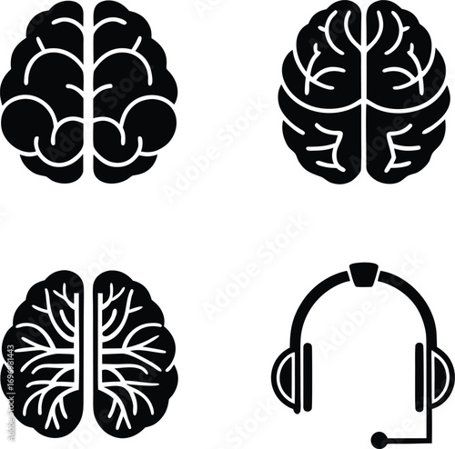 icons, representing, intellect, and, audio, communication, with, human, brain, symbols, and, a, headset, for, podcasts, or, e-learning, vector
