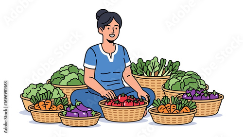 Harvesting Abundance: A woman surrounded by baskets overflowing with a variety of fresh, colorful vegetables, smiling as she gathers the bountiful harvest.