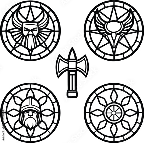 set, of, norse, mythology, and, viking, warrior, emblems, in, a, bold, line, art, style, for, logos, tattoos, or, laser, cutting, designs, vector