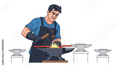 Blacksmith's Forge: A blacksmith at work, hammering the glowing metal with skillful precision in a workshop, showcasing traditional craftsmanship.