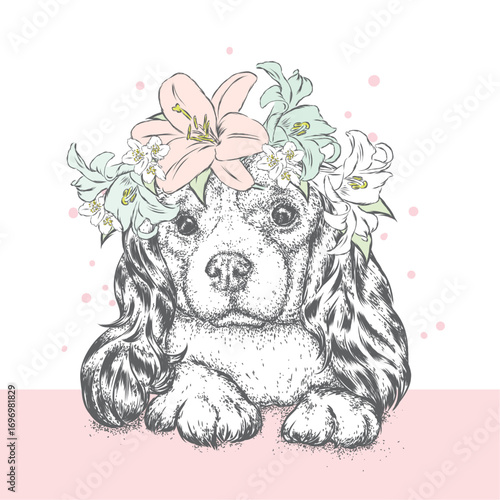 Beautiful Dog in a wreath of flowers. Vector illustration.