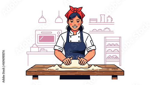 Bakery Delight: A professional baker, donning a crisp apron, diligently kneads dough on a wooden countertop, bringing artisanal baking to life in a photorealistic illustration