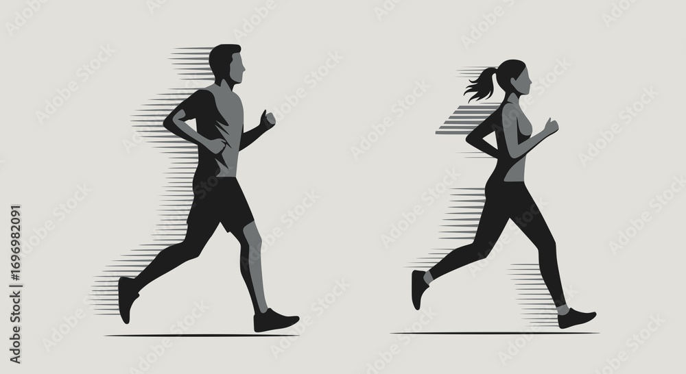 Obraz premium Running man and woman, isolated vector silhouettes. Run, side view. Silhouettes of athletic looking male and female runners running. JPEG version.