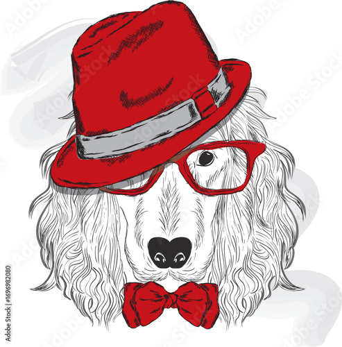 Cute dog in a hat and tie. Vector illustration.