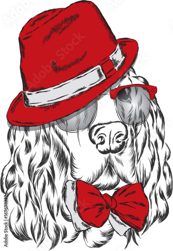 Cute dog in a hat and tie. Vector illustration.