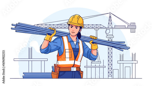 Hardworking Construction worker: A determined construction worker wearing a hard hat and safety vest carries a bundle of reinforcing steel bars, showcasing strength and dedication on the job.