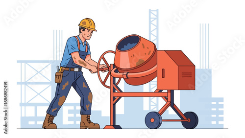 Construction Worker and Cement Mixer: A focused construction worker operates a cement mixer, showcasing the strength and efficiency of a construction site, with a clear sky background.