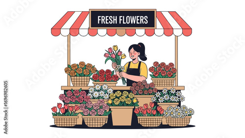 Fresh Flowers Stand: A cheerful florist arranges a vibrant array of fresh blooms under the awning of a flower stand, the air fragrant with nature's beauty.