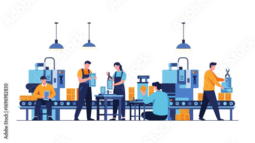 Manufacturing Line: A dynamic illustration depicts workers in an industrial setting. With the machines and the workflow the artwork tells the story of industriousness and precision.