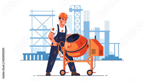 Construction worker with Concrete Mixer: A construction worker diligently operates a concrete mixer on a bustling construction site, embodying skill and determination in the building trade.