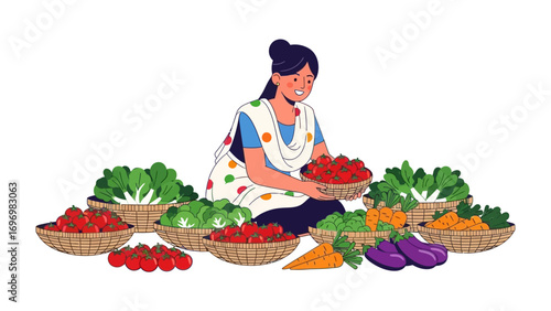 Woman with Baskets of Fresh Produce: A smiling woman curates her selection of farm-fresh vegetables, surrounded by baskets overflowing with the colors of a thriving harvest.