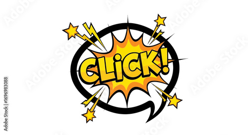 Comic Book Style "Click!" Explosion with Stars and Lightning Bolts