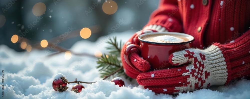 Fototapeta premium Cozy winter scene with knitted sweaters, mittens, and mugs of hot chocolate, perfect for winter holiday labels and branding , christmas, season