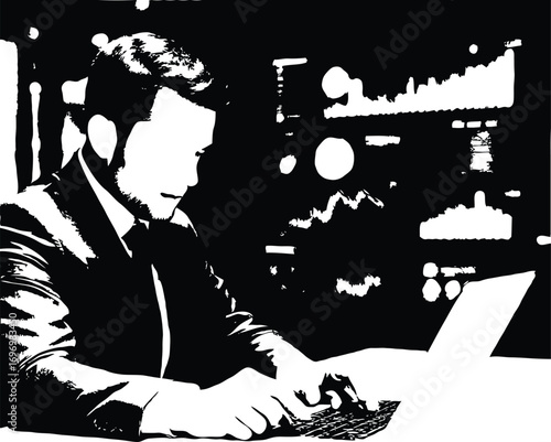 Black and white woodcut illustration of a man with a gun silhouette