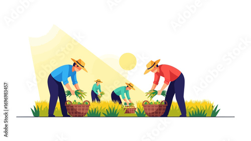 Harvest Harmony: Farmers work harmoniously in a sunny field, diligently harvesting crops with baskets and hats, creating a scene of rural life.