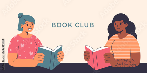 Web banner for book club advert, literature discussion blog, or podcast about reading. Flat vector illustration of two young women of different races holding books in hands. 
