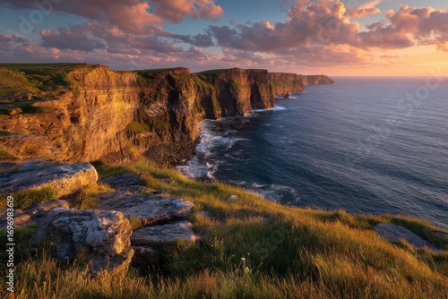 Majestic Cliffs of Moher at Dusk: A Breathtaking Sunset Over the Atlantic Coast of Co. Clare, Ireland