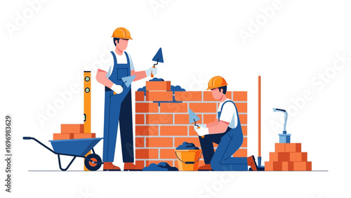 Bricklayers at Work: Skillful builders at construction site meticulously laying bricks, showcasing teamwork and precision in constructing a wall.