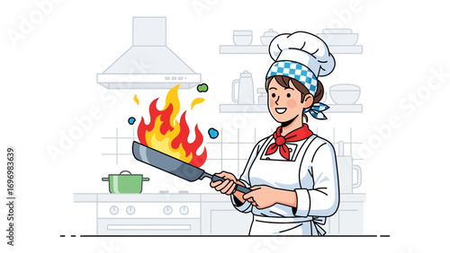 Culinary Flames: A skilled chef expertly handles a flaming pan, capturing the essence of a dynamic kitchen.