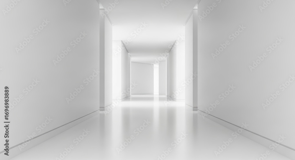 Fototapeta premium Minimalist white corridor with soft lighting and reflections