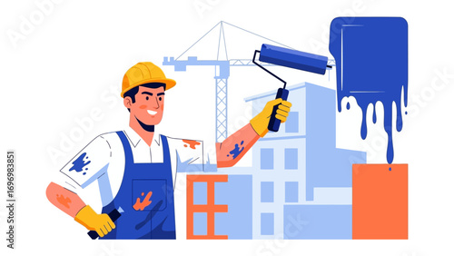 Painter painting building: A diligent painter, donned in a safety hat and gloves, meticulously paints a building, skillfully applying a vibrant coat of paint.